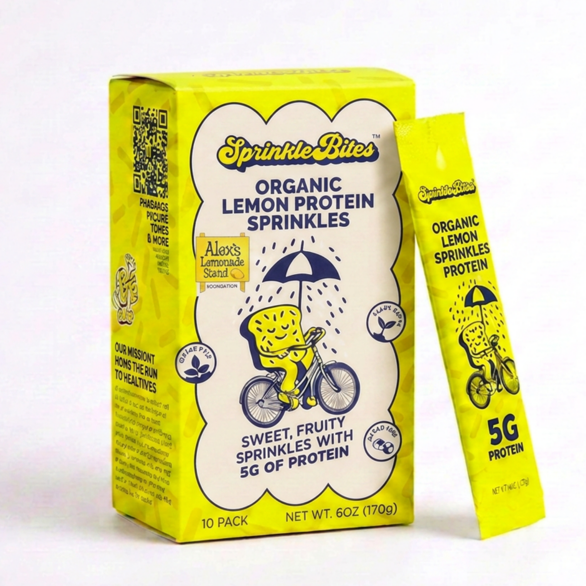 A box of Sprinkle Bites Organic Lemon Protein Sprinkles next to a single stick pack, both in bright yellow packaging with white and black text, on a white background.