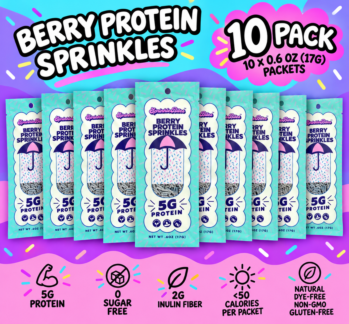Berry SprinkleBites™ (10-Pack) | Berry Protein Sprinkles, Naturally Colored, Plant-Based, Sugar-Free