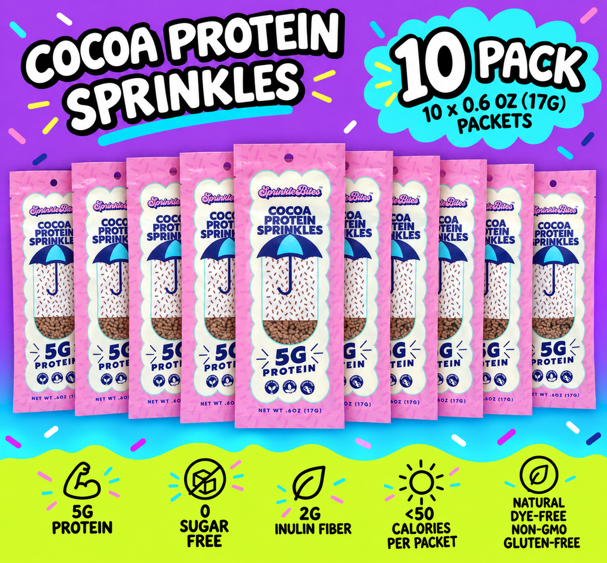 Cocoa SprinkleBites™ (10-Pack) | Chocolate Protein Sprinkles, Plant-Based, Sugar-Free