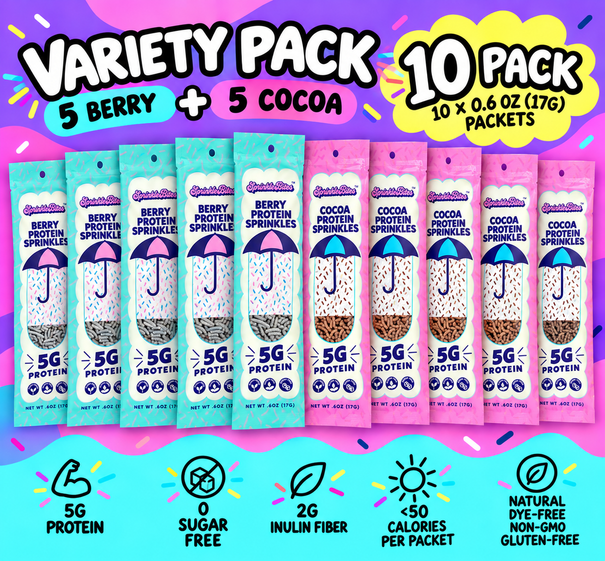 Variety 10-Pack: 5 Cocoa & 5 Berry Protein SprinkleBites™